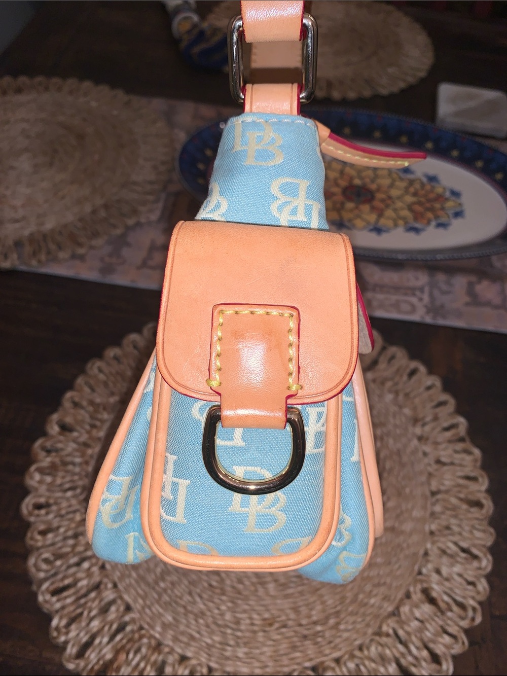 Dooney & Bourke Light Blue Logo Canvas Shoulder Bag with Tan Leather Trim - Picture 5 of 13